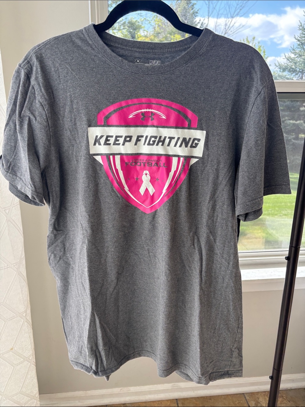 Under Armour Gray T-Shirt with Pink Shield Graphic